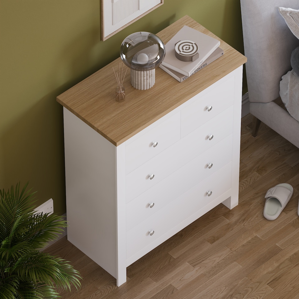 image 1 of Vida Designs Arlington 5 Drawer Chest of Drawers Shaker Bedroom Storage, White & Oak