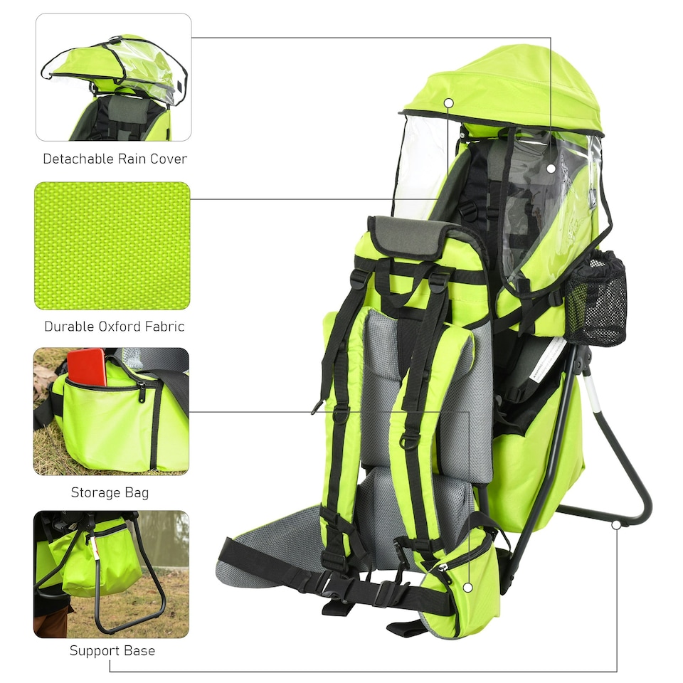 image 1 of HOMCOM Baby Hiking Backpack Carrier w/ Detachable Rain Cover for Toddlers Green Green | One Size