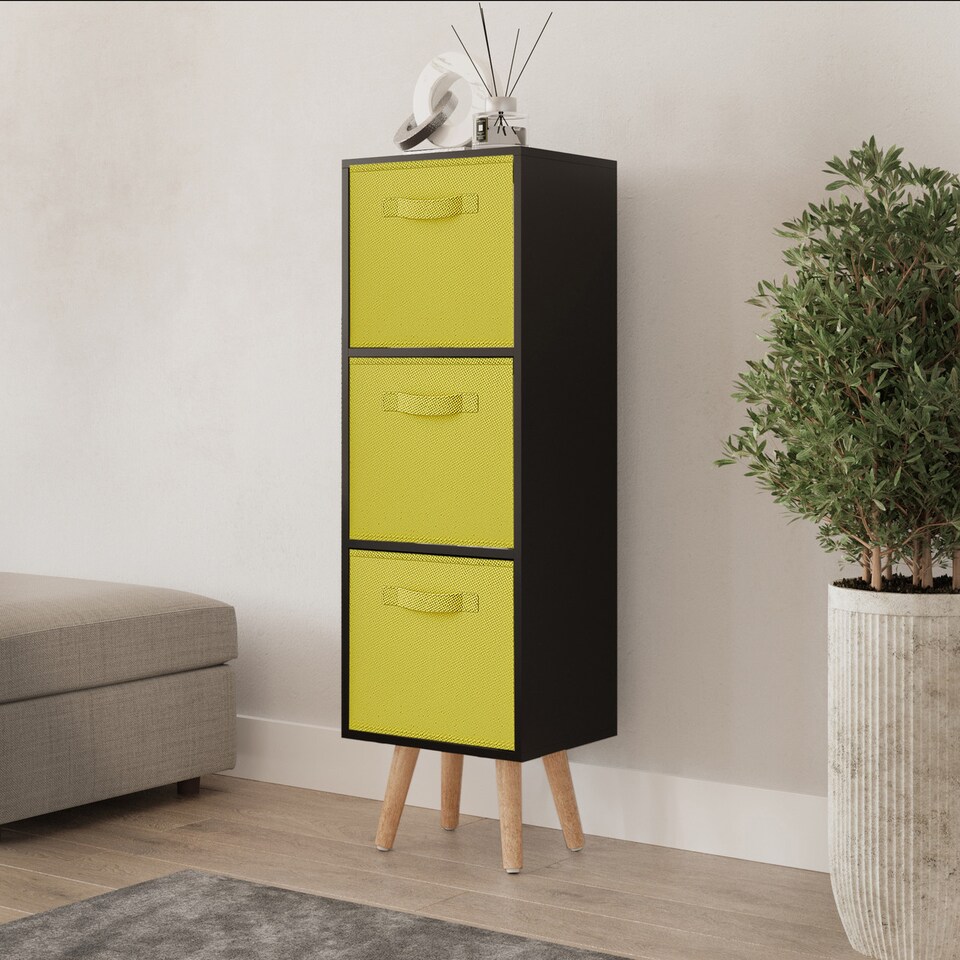 image 1 of Black 3-Tier 3-Drawer Cube Shelving Unit with Scandinavian Legs | Yellow | Yellow & Beech | 1