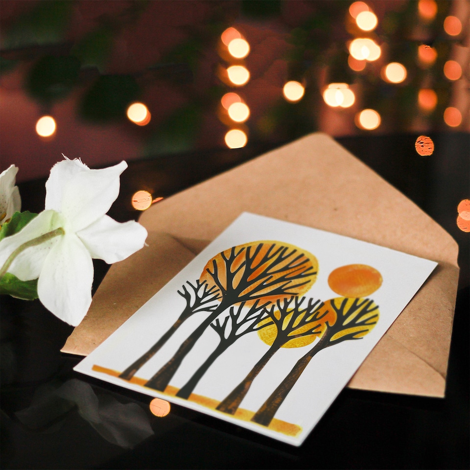 image 1 of Greeting Card Sun Over Autumn Trees Bright Abstract Watercolour