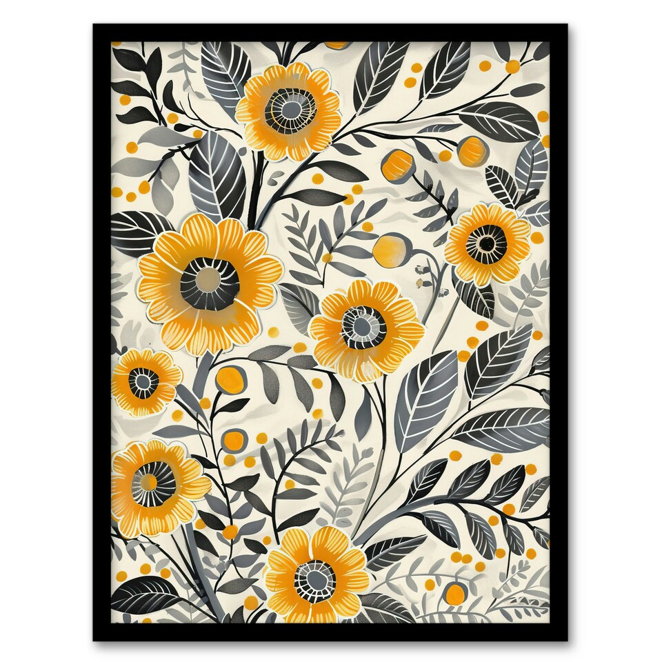 image 1 of Yellow Marigold Flowers Pattern Wildflowers Black Framed Wall Art Print A4