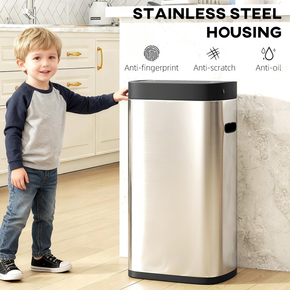 image 1 of HOMCOM 50L Sensor Bin, Automatic Touchless Kitchen Bin with Motion Sensor, Manual Override, Battery Operated, Fingerprint-Resistant, Inner-Bucket-Free, for Kitchen, Bedroom, Home Office, Silver Tone | Silver | Silver