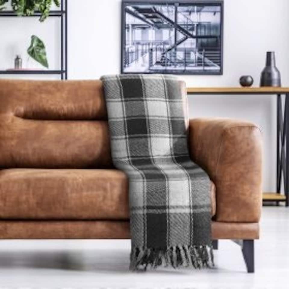 image 1 of Comfy Check Collection Recycled Cotton Throw in Charcoal (90" x 100") Grey | Grey