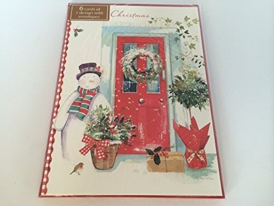 image 1 of Pack of 6 'Snowman At Red Door' Design Christmas Greeting Cards