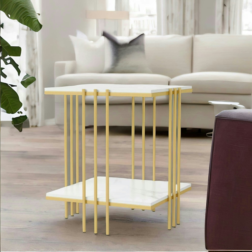 image 1 of 2 Tier Square Faux Marble Side Table Gold Gold