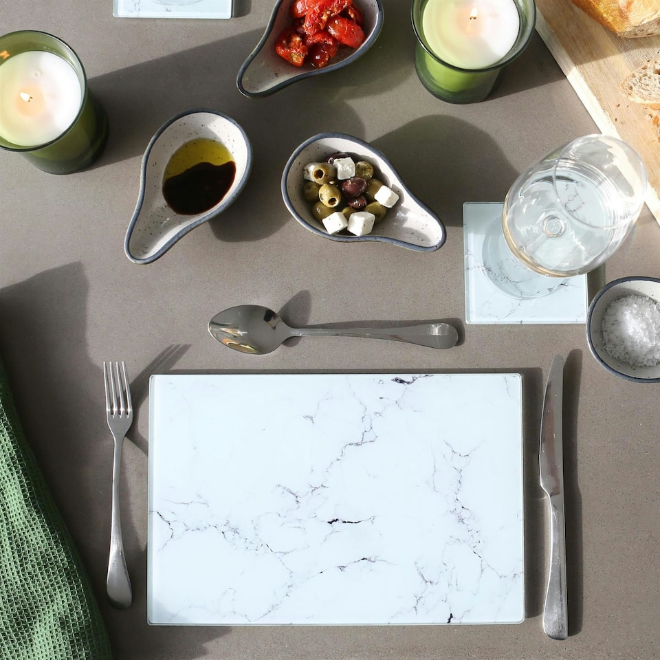 image 1 of Harbour Housewares Glass Placemats - 30x20cm - Marble - Set of 6 Rectangular Heatproof Mats White
