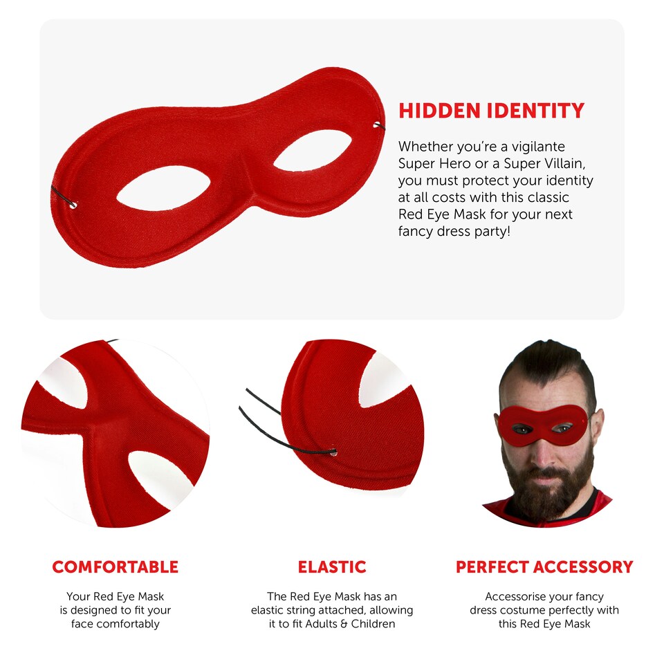 image 1 of Red Eye Mask on Elastic – Fancy Dress Accessory for Superheroes, Masquerade & Costume Parties Red | One Size