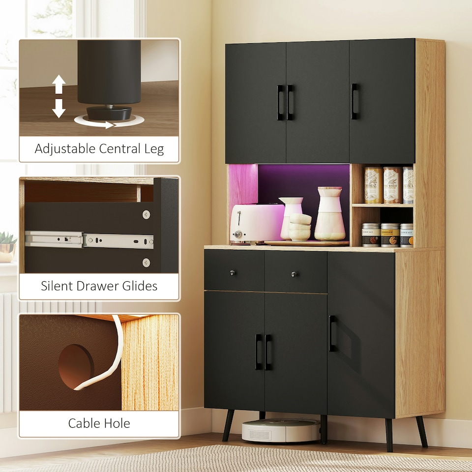 image 1 of HOMCOM Tall Kitchen Cupboard with LED Lights and Adjustable Shelves, Oak Black | Oak