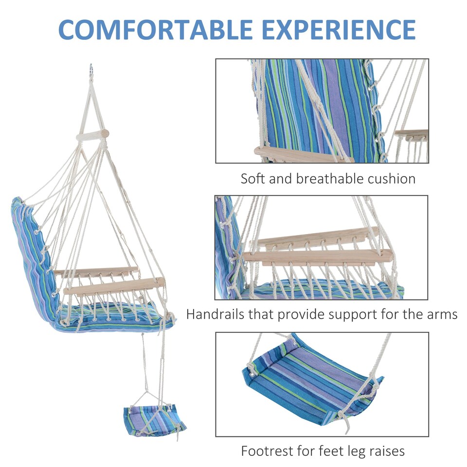 image 1 of Outsunny Garden Hammock w/ Footrest Armrest Patio Swing Seat Hanging Rope Blue