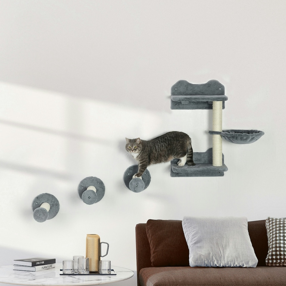 image 1 of PawHut 4pc Cat Shelves Cat Wall Furniture with Steps Scratching Post Grey