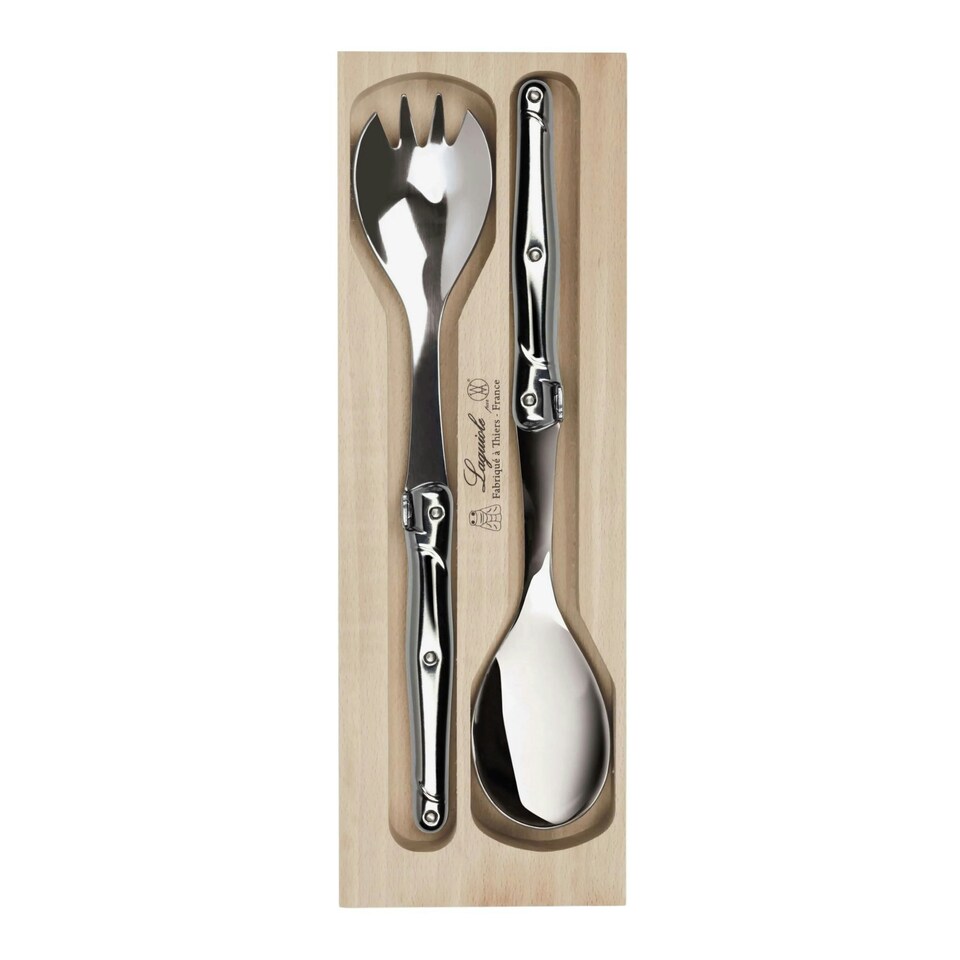 image 1 of Laguiole Salad Servers Set in Wooden Display Tray Silver | Stainless Steel