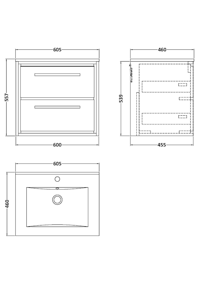 image 1 of Bathroom Wall Hung 2 Soft-Close Drawer Vanity Unit, Grey, 600mm | Grey | Monument Grey | 1