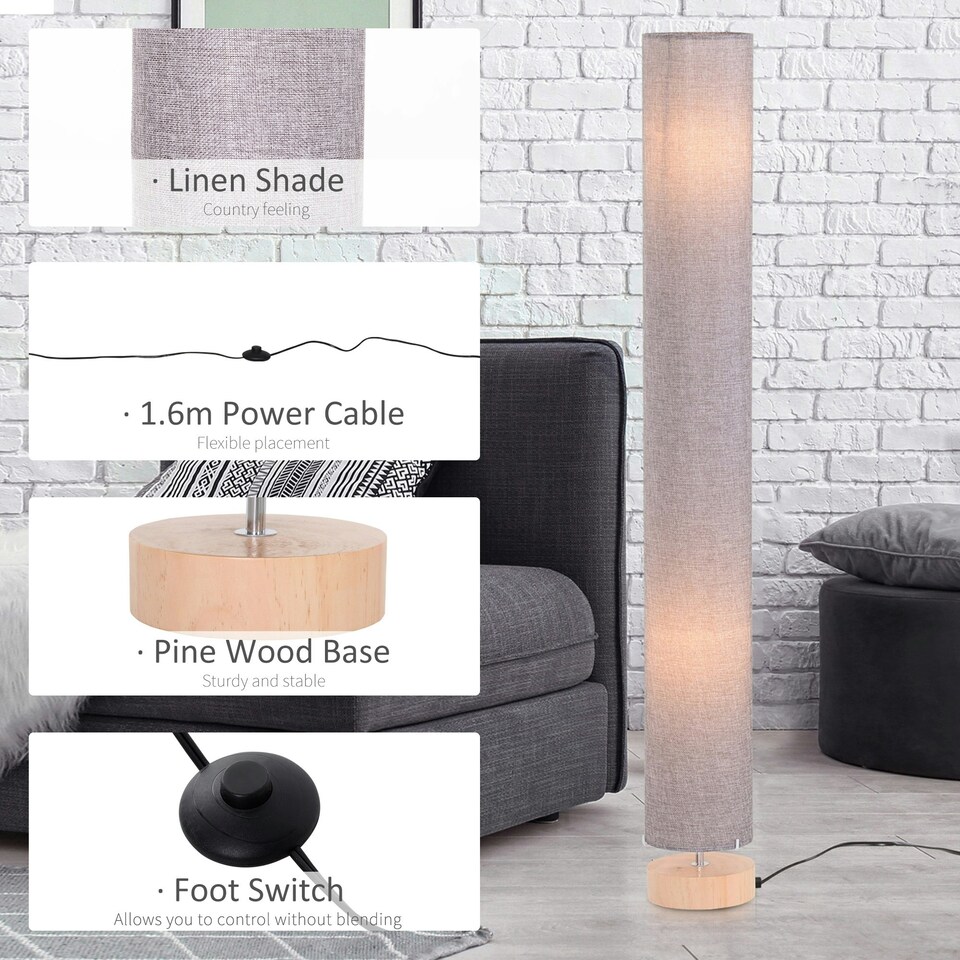 image 1 of HOMCOM Tall Floor Lamp Lighting w/ Fabric Shade for Bedroom Living Room Grey