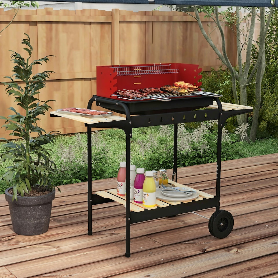 image 1 of Outsunny Charcoal Barbecue BBQ Grill Trolley W/ 5-level Grill Height Ash Catcher