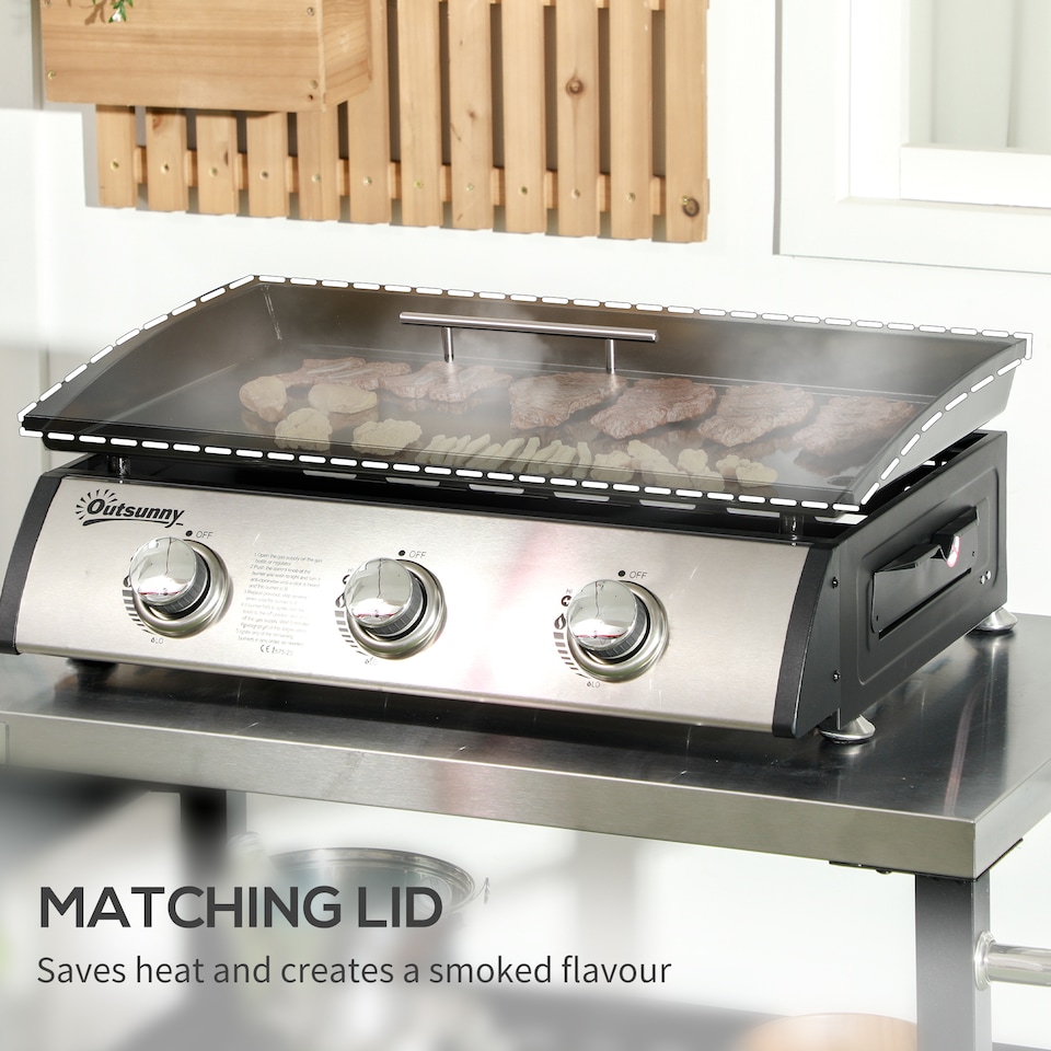 image 1 of Outsunny Gas Plancha Barbecue Grill with 3 Stainless Steel Burner, 7.5kW, Portable Tabletop Gas BBQ with NonStick Griddle and Lid for Camping Picnic Garden Party Festival