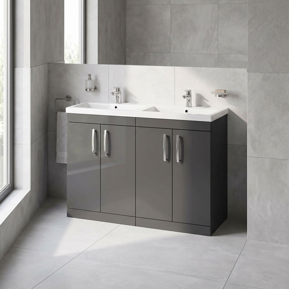 image 1 of Balterley Millwich Contemporary 4 Door Floor Standing Vanity Unit with Basin, Gloss Grey, 1200mm