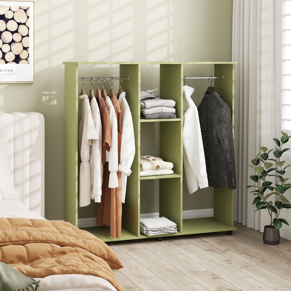 image 1 of HOMCOM Double Open Wardrobe on Wheels, Bedroom Wardrobe with Clothes Hanging Rails, 3 Storage Shelves, Mobile Garment Rack for Cloakroom, Hallway, Green | Green