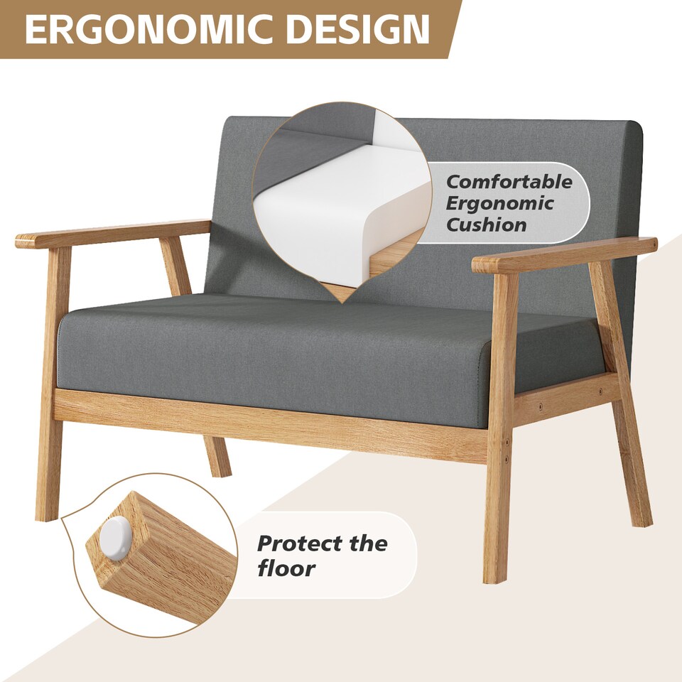 image 1 of 2 seater Linen Fabric Wooden sofa With Comfortable Padded Settee Country