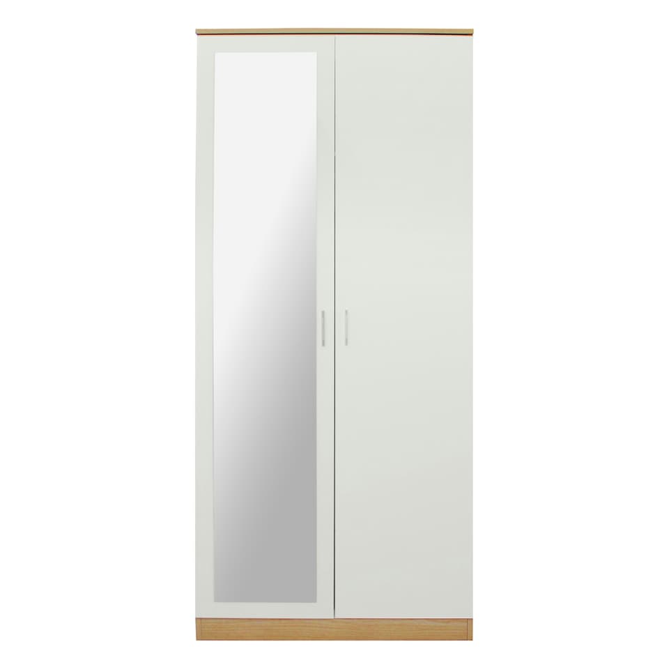 image 1 of Modern 2-Door Wardrobe with Mirror High Gloss Finish In Oak and Cream Cream | Oak
