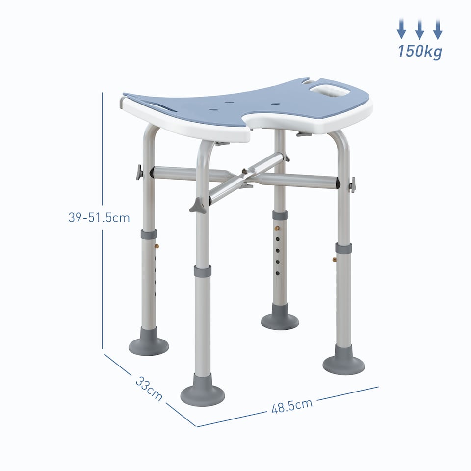 image 1 of HOMCOM Height Adjustable Shower Stool with Suction Grab Rail, Aluminium Shower Chair with U-Shaped Padded Seat, Non-Slip Bath Stool for Elderly, Disabled, Seniors, Pregnant, Light Blue