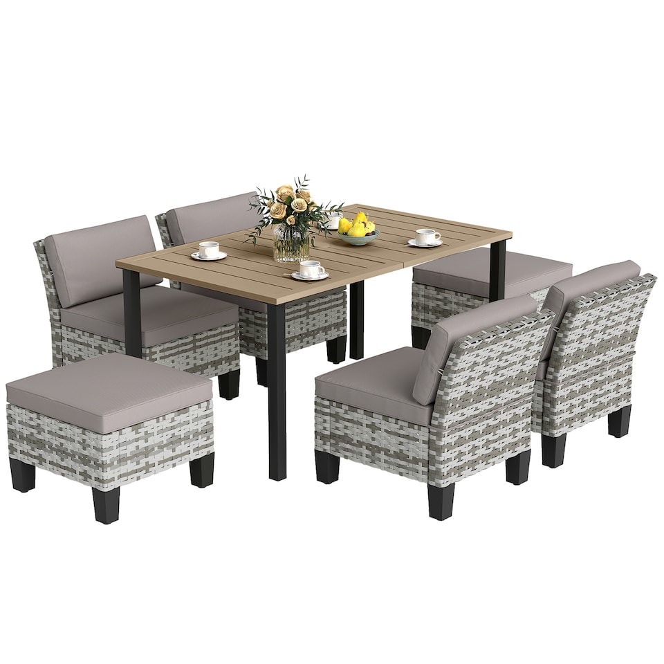 image 1 of Outsunny 7 PCS Rattan Garden Dining Set with Cushions, Umbrella Hole, Grey | Grey | Grey | 1