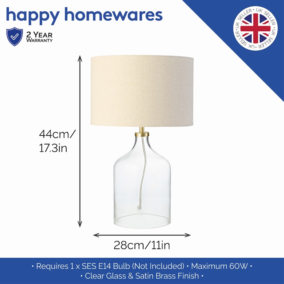 image 1 of Contemporary Elegant Table Lamp with Clear Glass Base and Oatmeal Linen Shade | Clear