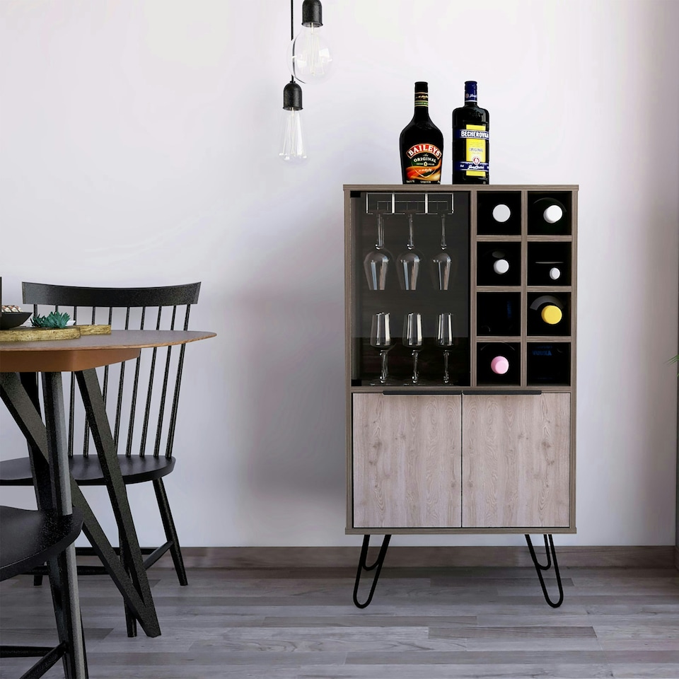 image 1 of Nevada Smoked Oak and Bleached Oak Effect Wine Cabinet - 2 Doors and 1 Glass Door with Hairpin Legs | Brown | Brown | 1