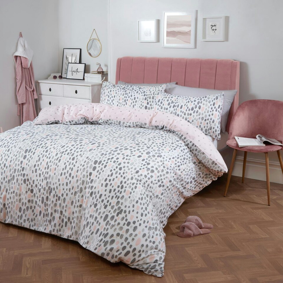 image 1 of OHS Dalmatian Print Duvet Cover and Pillowcase Set, Single - Blush Pink/Grey
