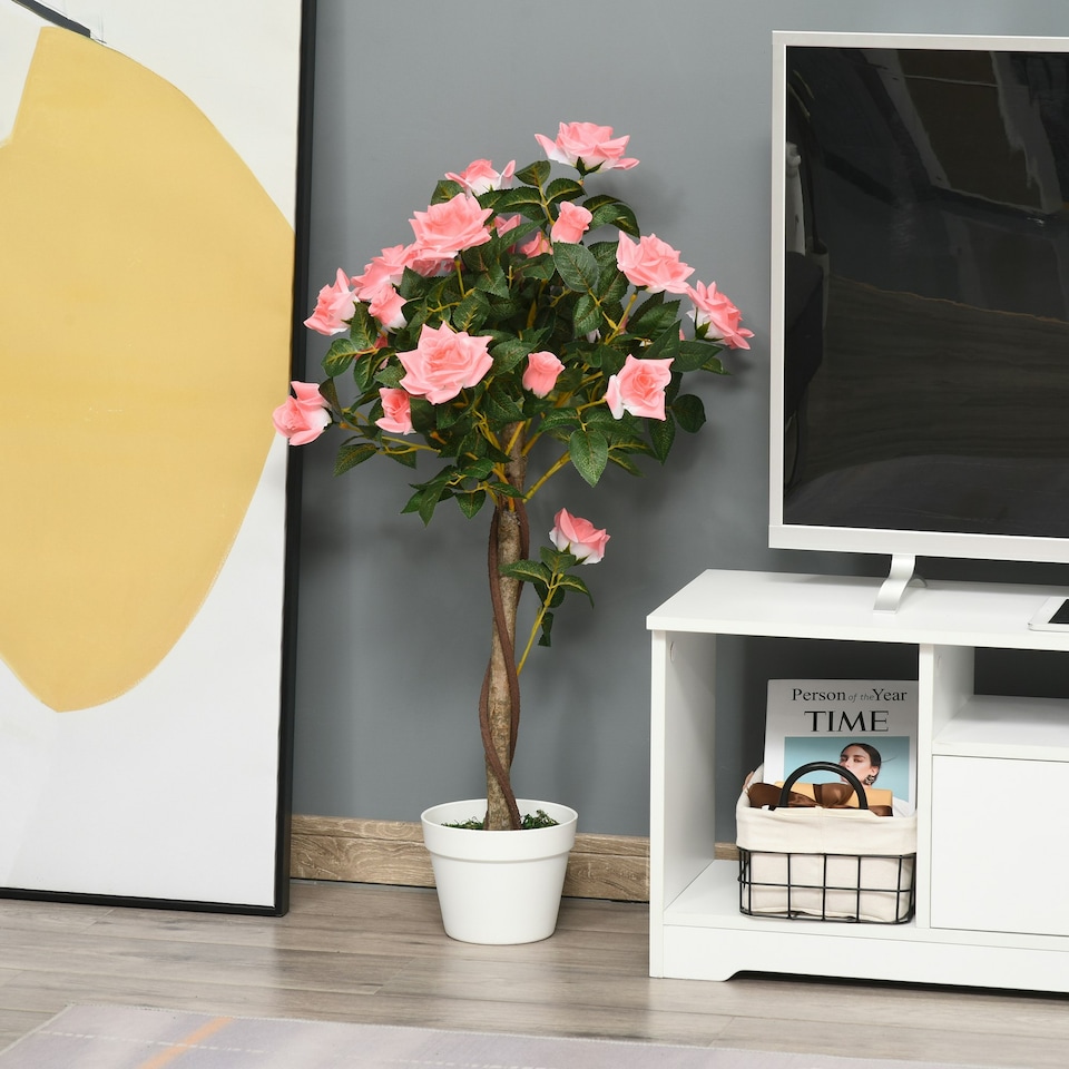 image 1 of Outsunny 90cm3FT Artificial Rose Tree, Fake Decorative Plant with Pot, UV-Resistant FauTree for Outdoor Indoor Home Office Decor, White