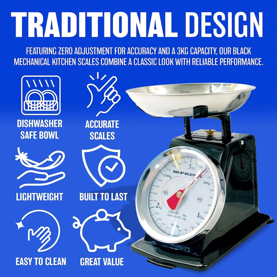 image 1 of 3kg Traditional Weighing Kitchen Scale Bowl Retro Scales Baking Black