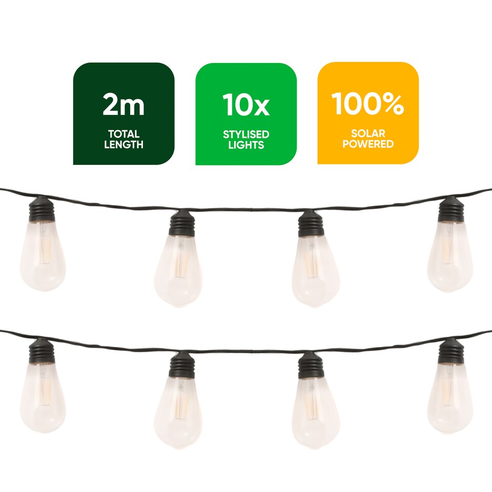 image 1 of Gardenwize 2m Solar Clear Filament LED String Lights Outdoor
