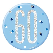 Blue Glitz Age 60 Holographic Birthday Badge 7cm