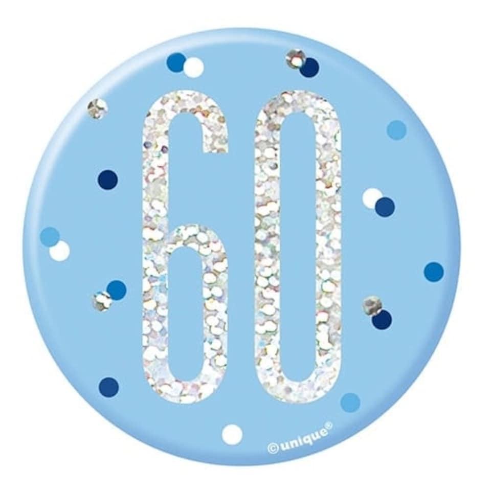 Blue Glitz Age 60 Holographic Birthday Badge 7cm