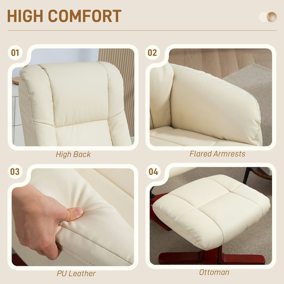 image 1 of HOMCOM Recliner Armchair with Wood Base, Upholstered Reclining Chair, Cream Cream
