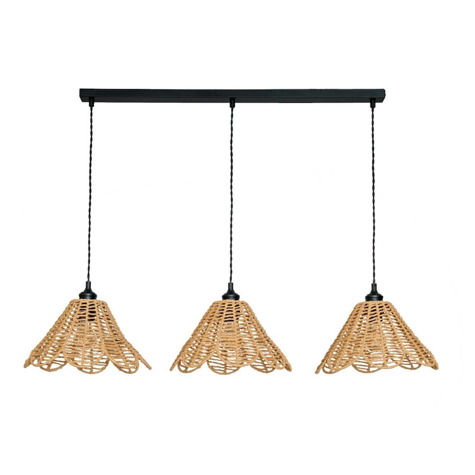 image 1 of ValueLights Vine Natural Rattan Flower Shade 3 Drop Matte Black Diner Ceiling Pendant Light Black