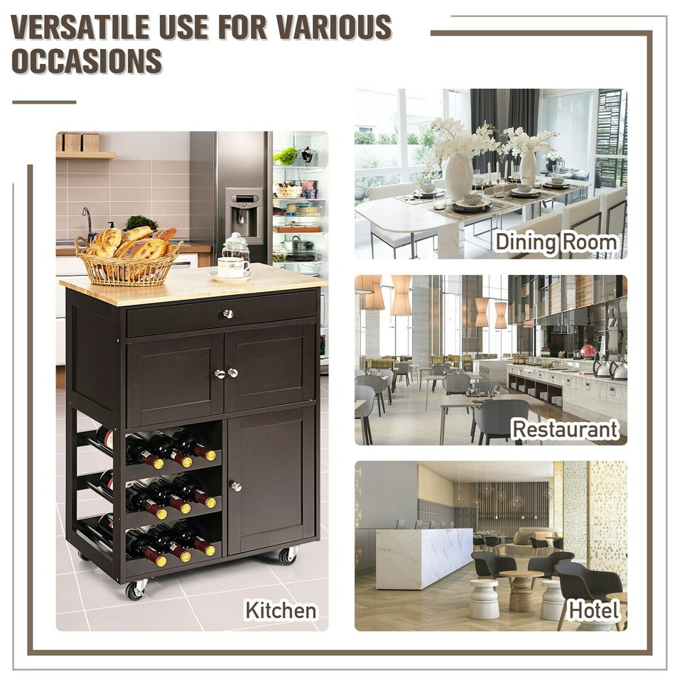 image 1 of COSTWAY Rolling Kitchen Storage Trolley Cupboard Island Brown