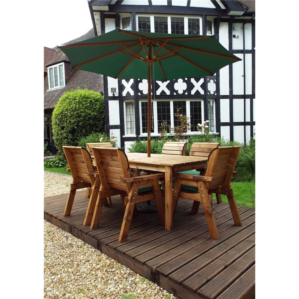 image 1 of Traditional Six Seater Rectangular Table Set With 6 x Green Chair Cushion 1 x Green Parasol & Base & Cushion Storage Bag
