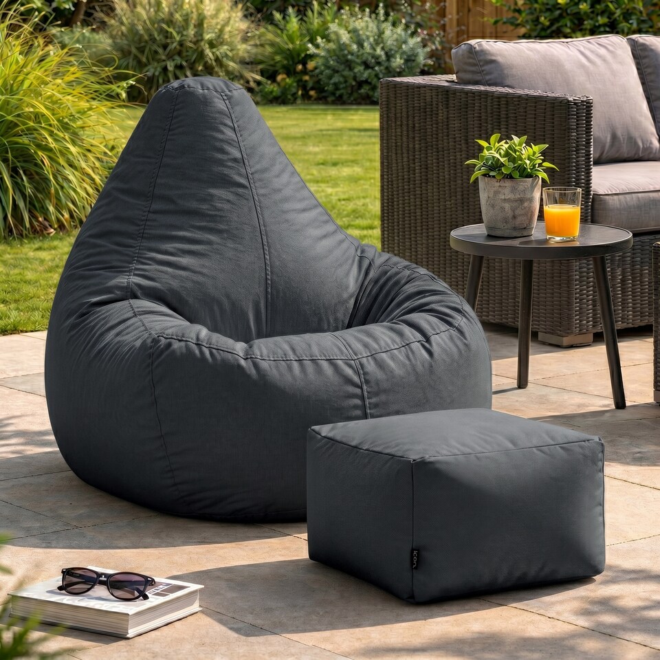 image 1 of Icon Dalton Adults High Back Indoor Outdoor Bean Bag Chair & Footstool Pouffe, Charcoal Grey
