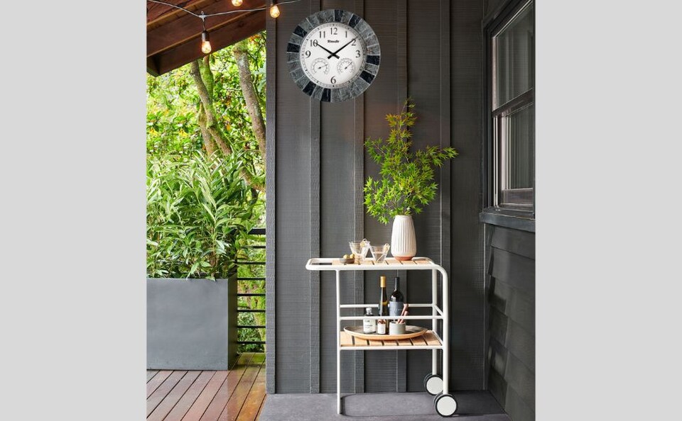 image 1 of 13.5" Faux Slate Waterproof Indoor/Outdoor Wall Clock with Thermometer & Hygrometer