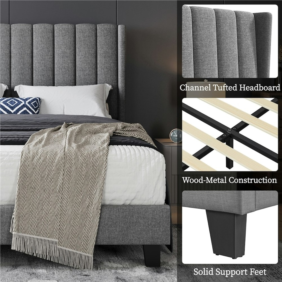 image 1 of Yaheetech 150 cm W × 200 cm L Upholstered Bed Frame with Wing Side Light Grey