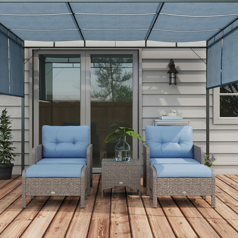 image 1 of Outsunny 5 Pieces Outdoor Patio Furniture Set Wicker Conversation Set Blue