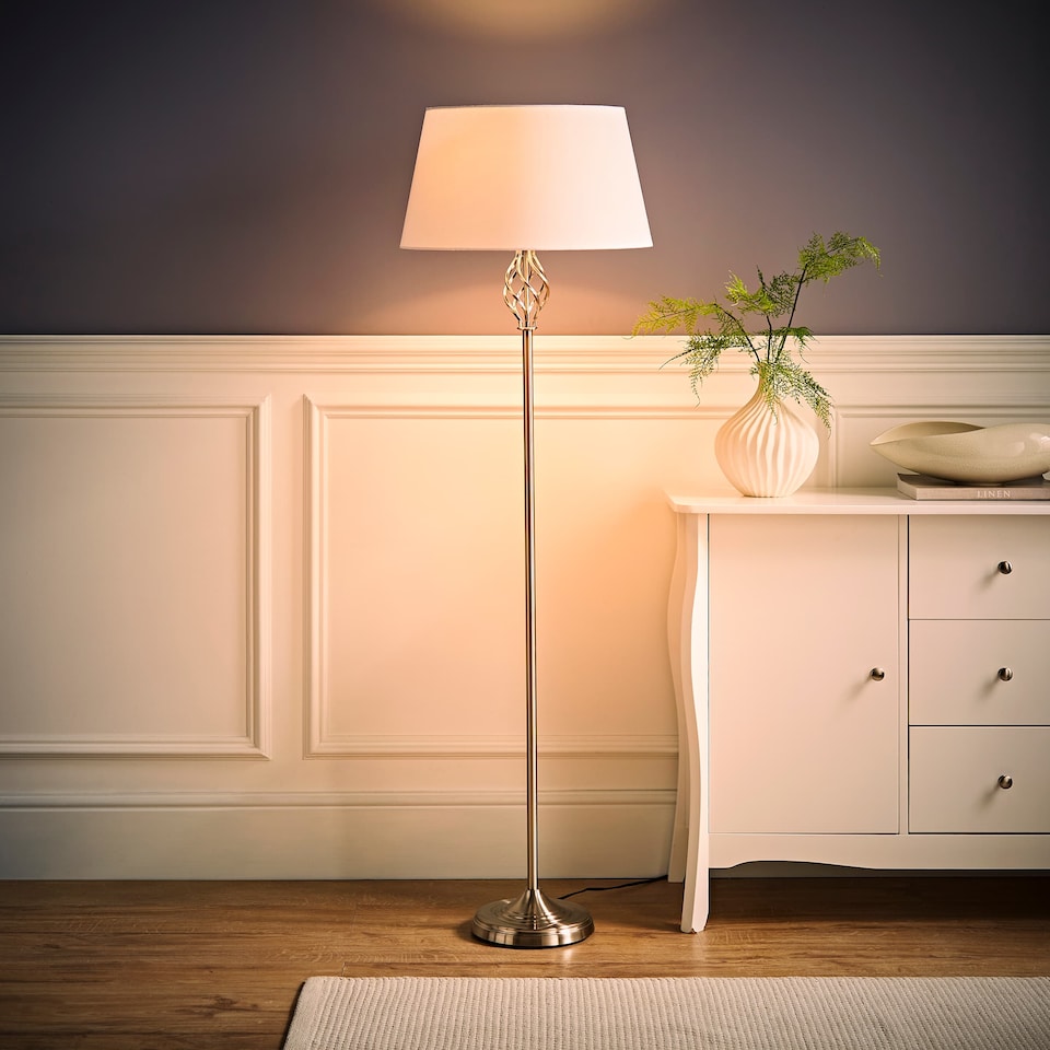 image 1 of ValueLights Memphis Twist Silver Floor Lamp White Taper Shade