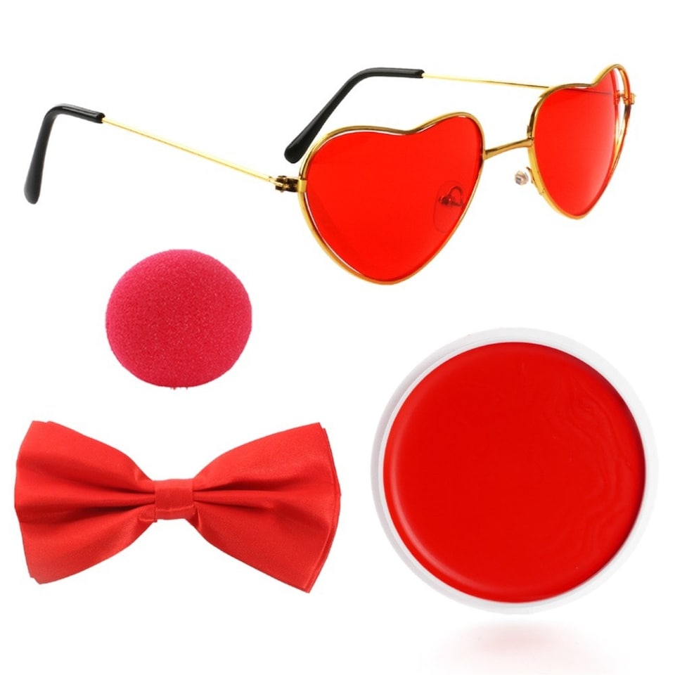image 1 of Red Nose Accessory Set - Nose, Glasses, Bow Tie & Face Paint Red | One Size