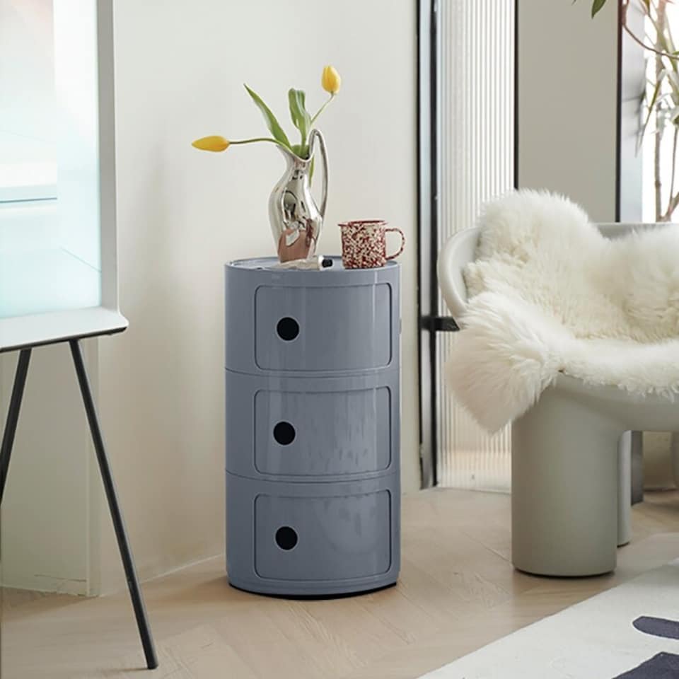 image 1 of Living and Home Cylindrical 3-Tiered Plastic Storage Drawer Unit, Grey