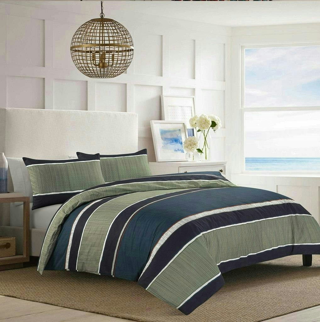 HomeSpace Direct Nate Block Stripe Duvet Cover Set Olive Gree/ Navy Blue Bedding Modern in Green | Size: Single