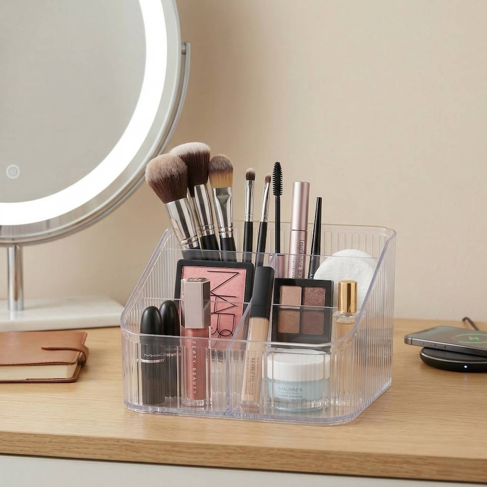 image 1 of Clear Plastic Makeup Organiser 6 Compartment Cosmetic Storage Holder | Clear | Clear | 1