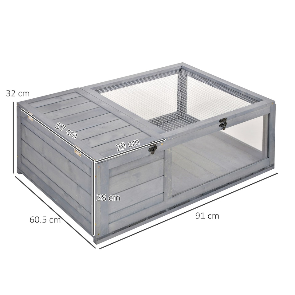 image 1 of PawHut Tortoise House w/ Mesh Roof, Small Pet Reptile Wooden House - Grey