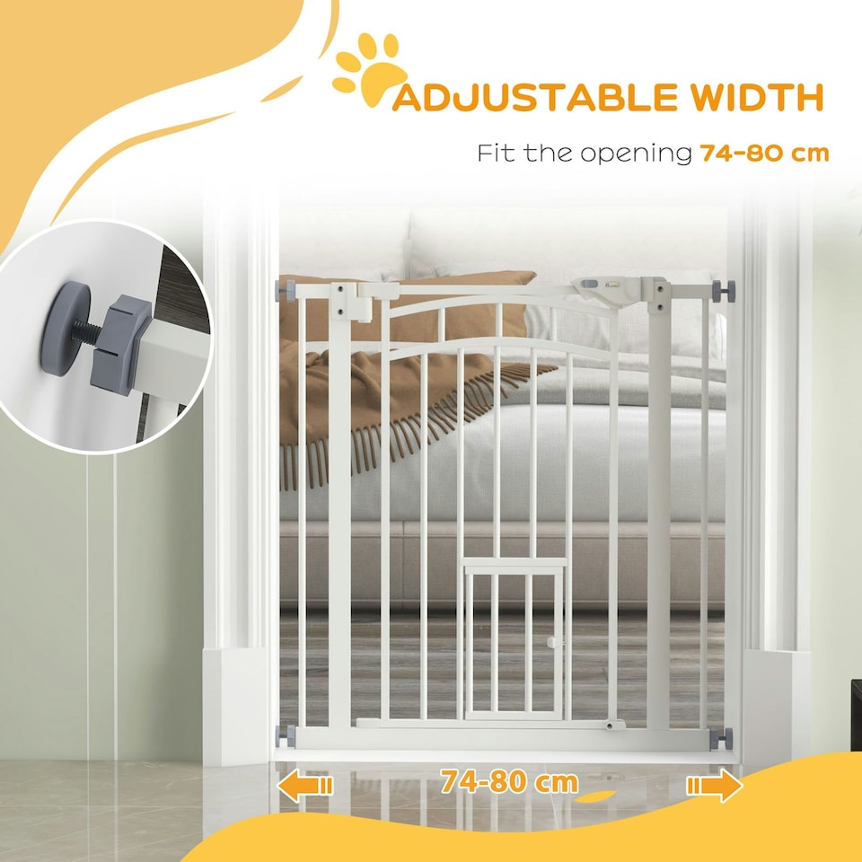 image 1 of PawHut Pressure Fit, Safety Gate Dog Gate w/ Small Cat Door Opening, 74-80cm