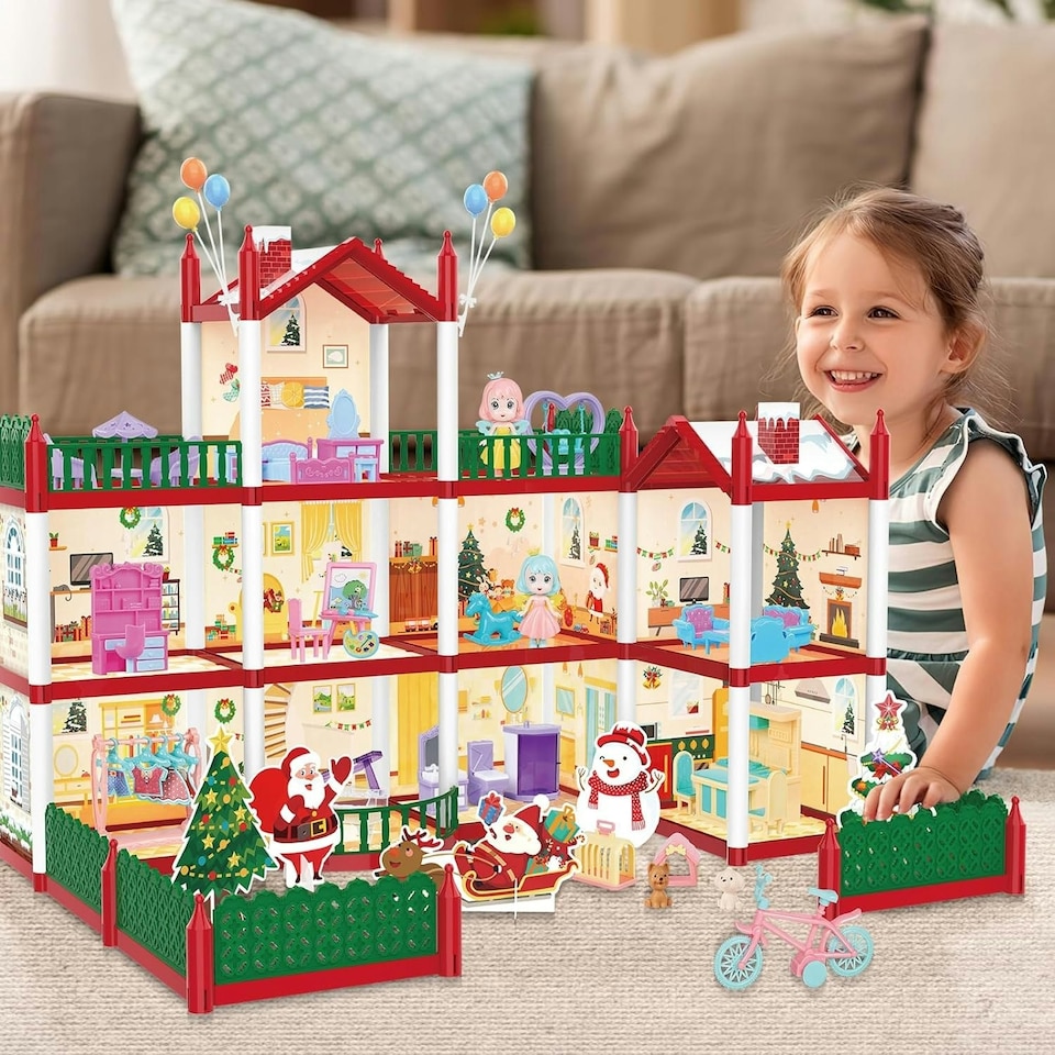 image 1 of Christmas Doll House Playset - 3D DIY Two-Story Dream Home with Accessories & Garden Holiday Gift for Kids Ages 3 plus