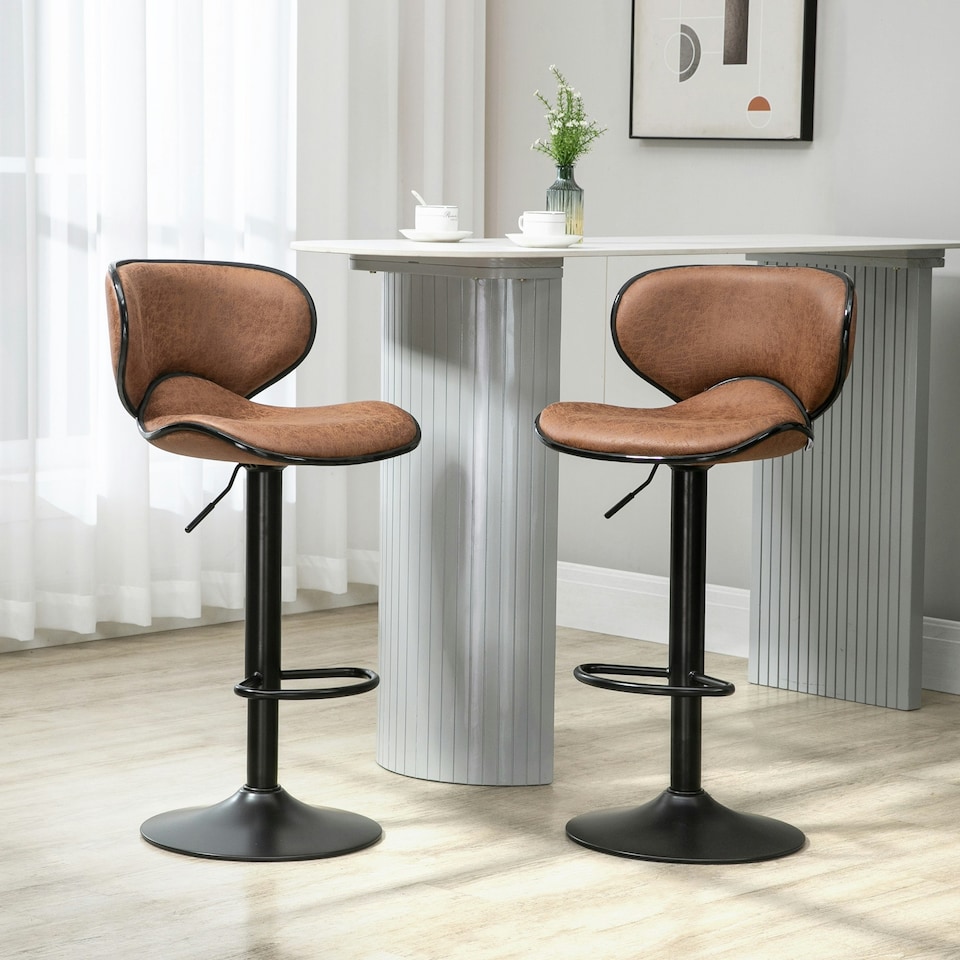 image 1 of HOMCOM Bar Stool Set of 2 Microfiber Cloth Adjustable Armless Chairs Brown